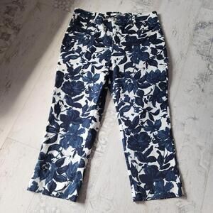 NWOT Simon Chang Denim Stretch capri pants cotton mix 10 navy white